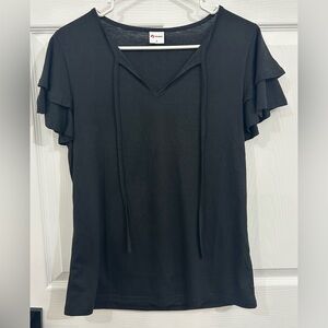 Black V-Neck Short Sleeve Top with Tie and Ruffle Sleeves